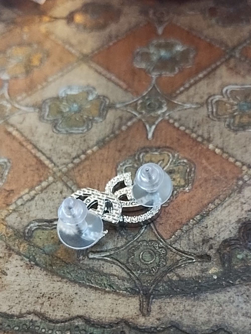 Silver Tone Rhinestone GG  Stud Earrings